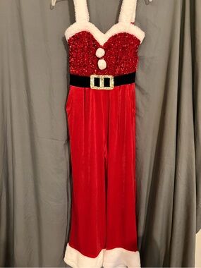 love on a hanger Red Sequin Santa-Style Jumpsuit with Faux Fur Trim